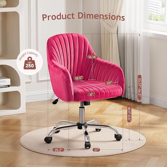 Warmiehomy Velvet Vanity Chair with Wheels, Desk Chair for Home Office, Cozy Office Chair with Arm Rest for Girl Women Bedroom, Hot Pink