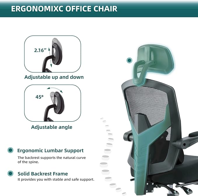 DUMOS Office Desk Computer Chair with Footrest, Ergonomic Mesh Swivel Gaming Chair with Rolling Wheels, Comfortable Headrest, Lumbar Support, Comfy for Home, Office, Task, Student, Inky