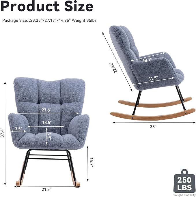 FOXHUNTER Rocking Chair Nursery Teddy Upholstered Glider Rocker High Backrest Nursery Rocker Comfortable Stylish Accent Armchair for Living Rooms Bedrooms Offices (Teddy Light Blue)