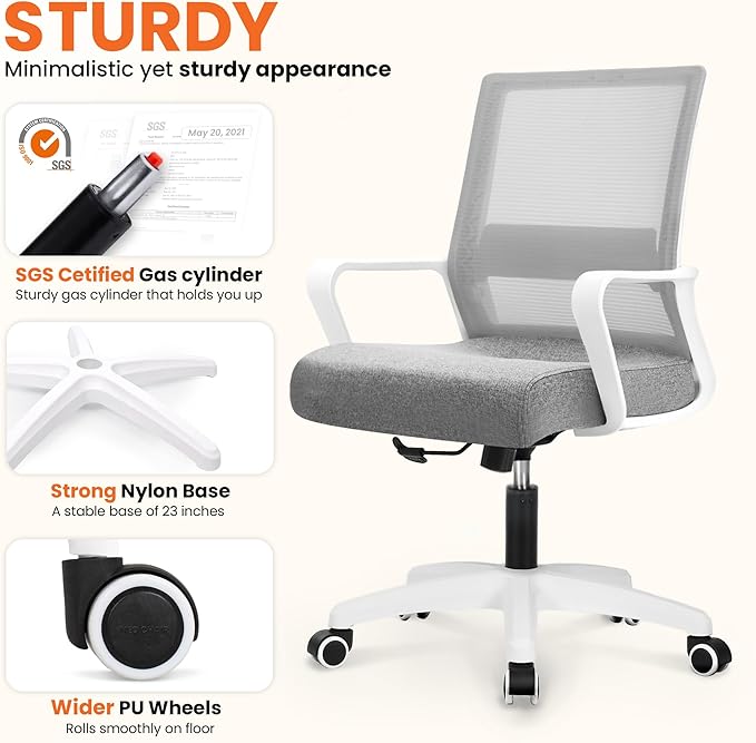 NEO CHAIR Office Desk Chair Gaming Computer Chair Ergonomic Mesh Mid Back with Rolling Wheels Lumbar Support Comfy Swivel Adjustable for Home Grey