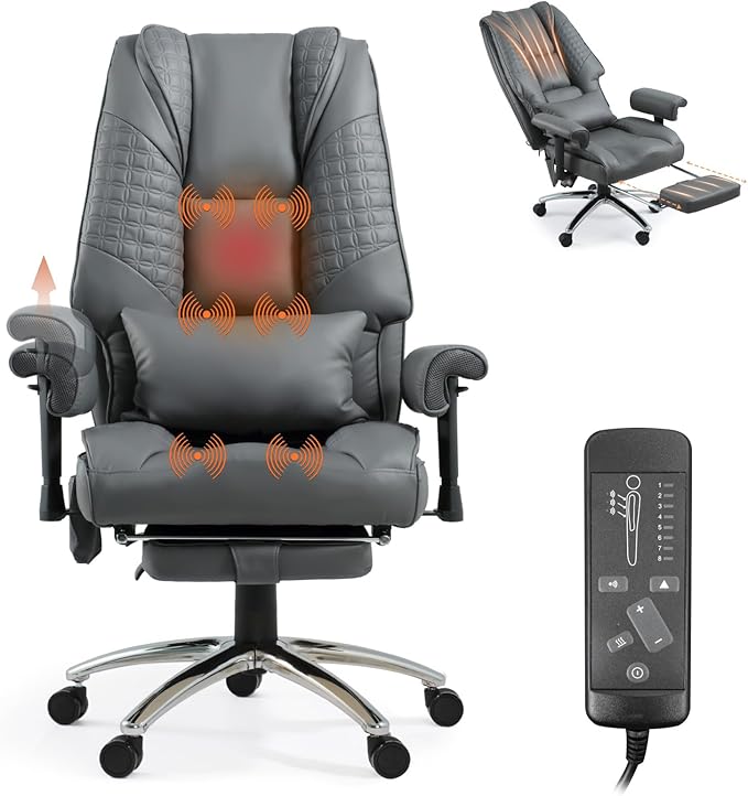 Massage Office Chair with Foot Rest, Ergonomic Executive Heated Office Chair with Reclining Backrest, Adjustable Arms and Lumbar Support, High Back Leather Desk Chairs for Home Office, Gray