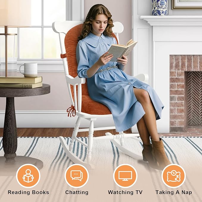 Rocking Chair Cushion - Chenille Fabric, High-Density Sponge, Durable Comfort Non-Slip Bottom Tufted Seat Pads with Ties, Chenille︱Amberglow, 44x19x4 inch