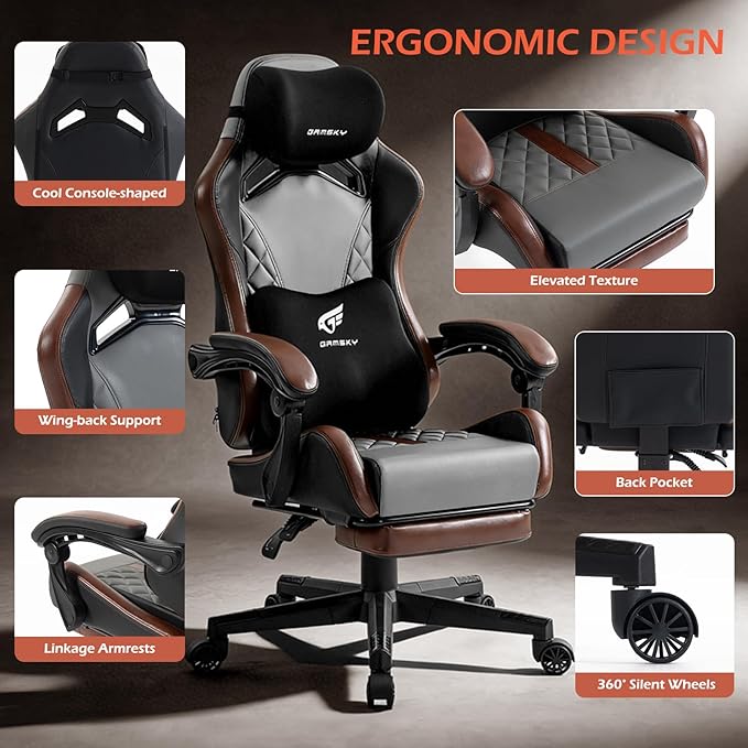 Ergonomic Gaming Chair for Adults with Footrest - PU Leather Computer Gamer Chair with Memory Foam Headrest & Lumbar Pillow, Reclining Silla Gamer Video Game Chair for Home Office, Black & Grey