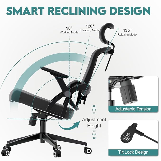 350 LBS Ergonomic Office Computer Mesh Chair - Adjustable Height Rolling Desk Chair with Flip-Up Armrests & High Back Support - Comfortable Swivel Task Chair for Home Office (01GREY)