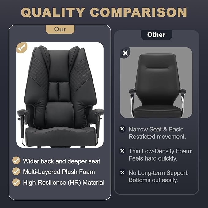 EXCEBET Big and Tall Office Chair 400lbs Wide Seat, Leather High Back Executive Office Chair with Foot Rest, Ergonomic Chairs Lumbar Support for Lower Back Pain Relief (Black)