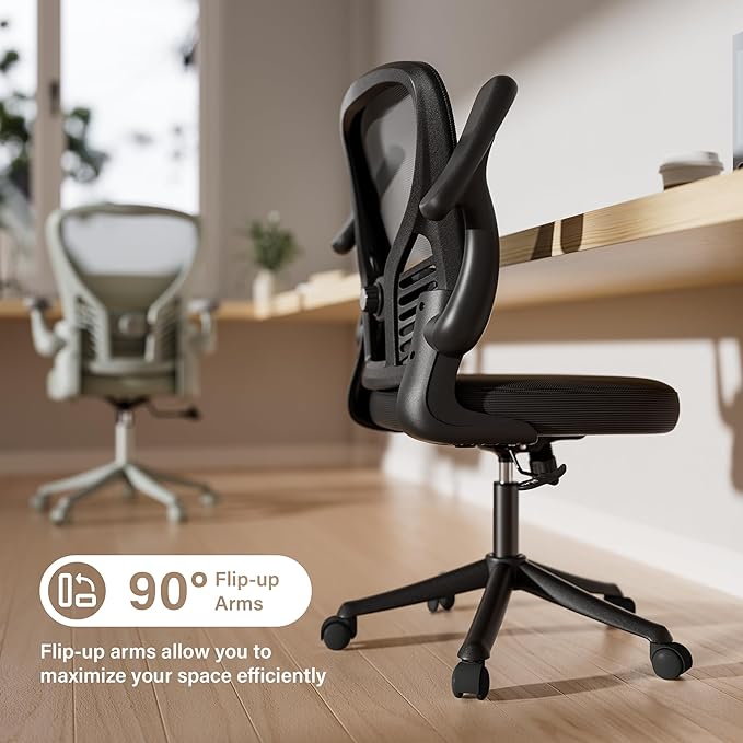 GYI Ergonomic Office Chair, Mesh Desk Chair with Adjustable Lumbar Support and 3D Flip-up Arms, Computer Chair with Wheels, Black