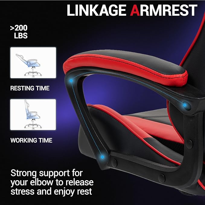 Gaming Chair PU Leather Massage PC Video Game Chair with Lumbar Support for Men Women, Home Office, Height Adjustable, Ergonomic, High Back, Red
