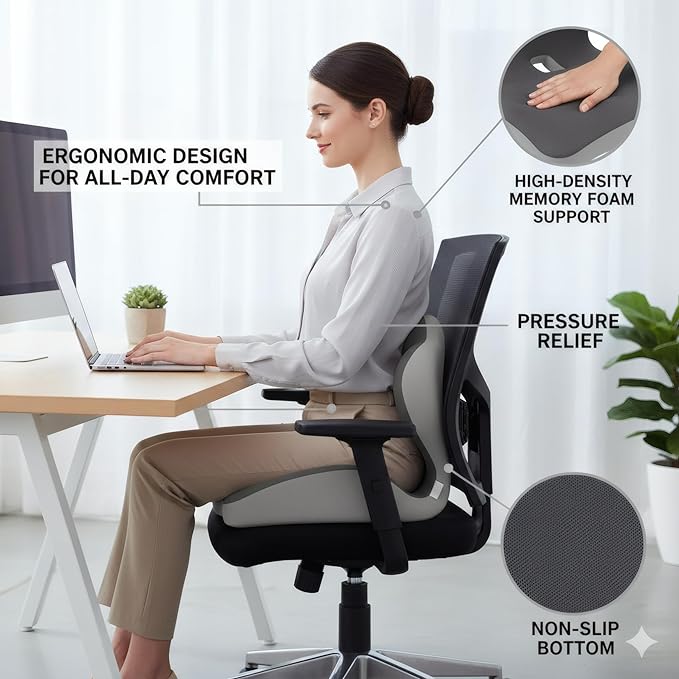Ergonomic L-Shaped Memory Foam Seat Cushion for Car and Office Chair, Coccyx Support Cushion for Back and Hip Pain Relief, Universal Cushion for Car Seat, Wheelchair, Gaming Chair, Gray