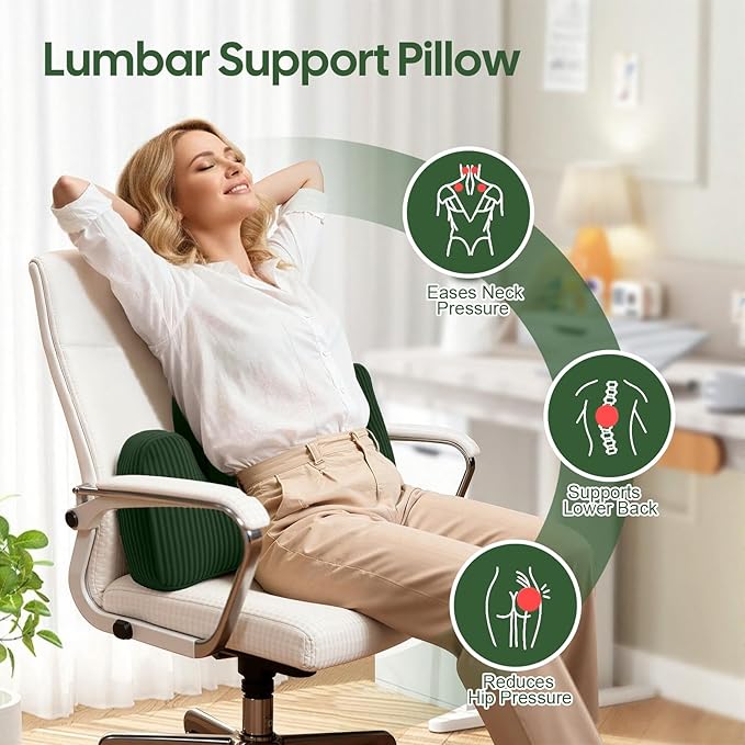 Lumbar Support Pillow for Recliner, Back Support Pillow for Office Chair, Ergonomic Corduroy Cloud pillow with Shredded Foam , Lower Back Pain Relief for Gaming Chair, Couch, Green