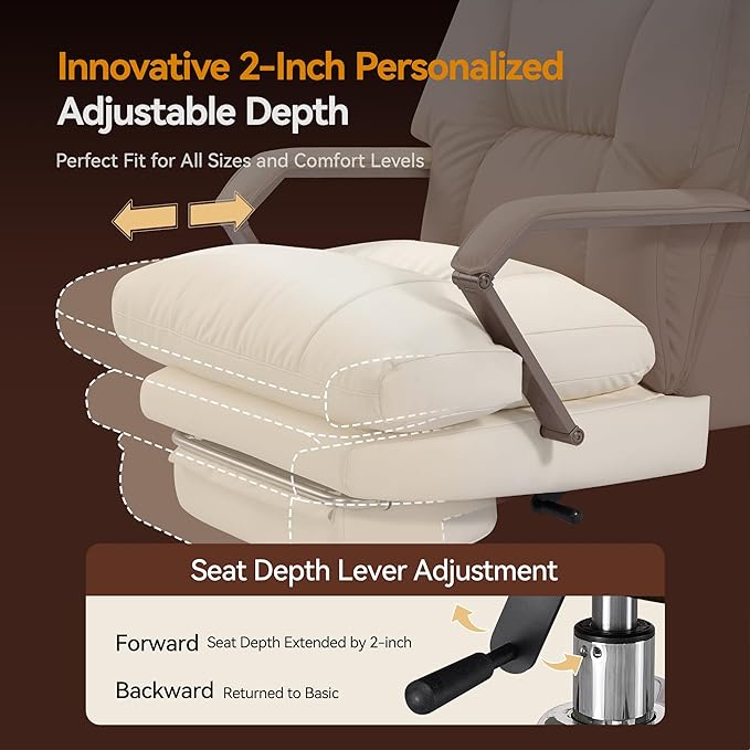 OKUP® M76 Recline Office Chair with Footrest, 160° Infinite Reclining 10" Thick Executive Desk Chair, 420lb Heavy Duty Big and Tall, Adjustable Seat Depth, Cream