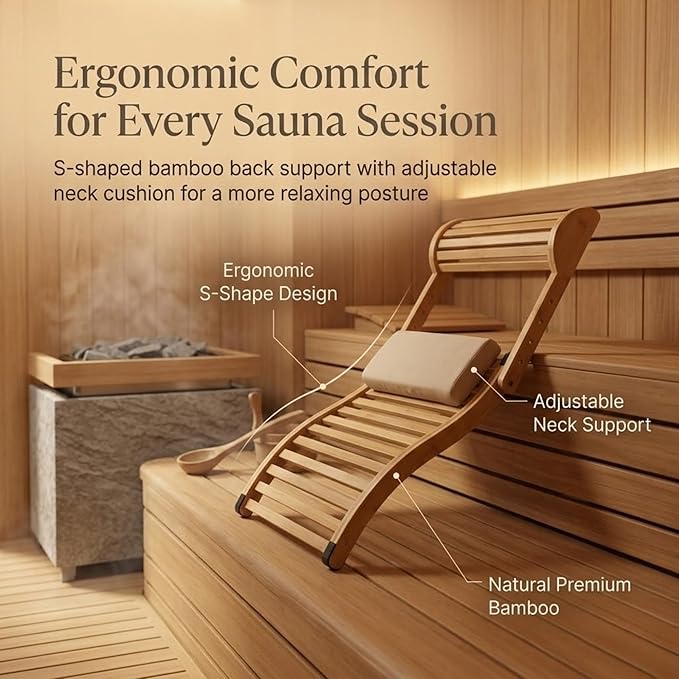 Sauna Backrest with Neck Pillow – Ergonomic S-Shape Bamboo Back Support for Infrared & Barrel Saunas – Foldable, Adjustable Headrest, Anti-Slip – Premium Lumbar Support for Long Sessions