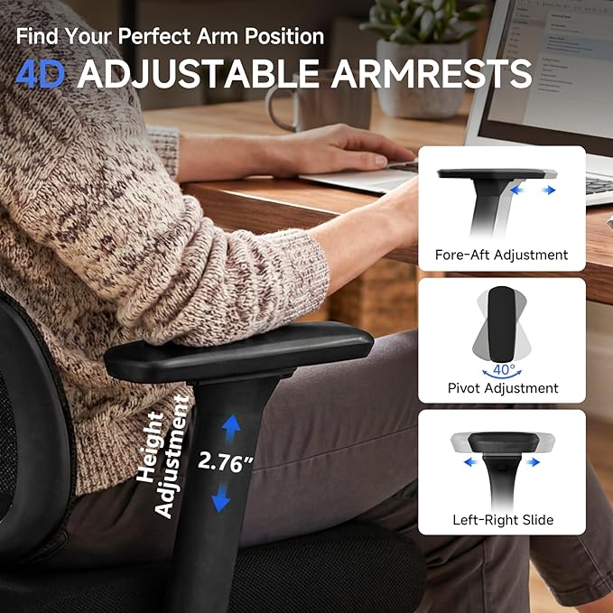Ergonomic Office Chair with Footrest, 4D Armrests & Dynamic Lumbar Support, High Back Mesh Desk Chair with Adjustable Headrest, Reclining Computer Chair 380lbs for Long Hours (Black)