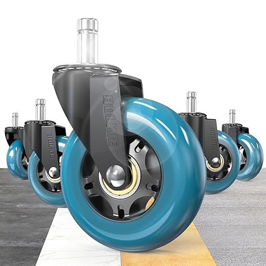HOLKIE Gaming Chair Wheels - Silent Roller Blade Casters for Esports Rig Replacement - Heavy Duty 11x22mm - Smooth 360° Stealth Glide for Hardwood & Carpet - Set of 5 Blue