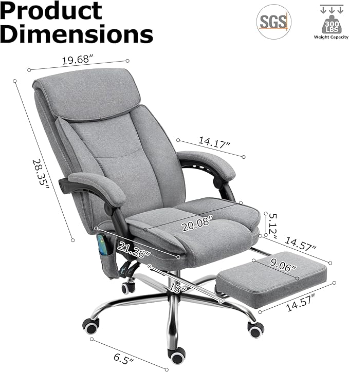 TonghuaS Massage Office Chair with Foot Rest Vibration and Heating, 90-130° Reclining Desk Chair, Ergonomic Reclining Computer Gaming Fabric Chair(Grey)