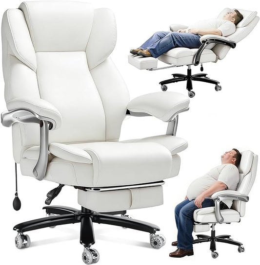 WAILOR 600lbs Big and Tall Office Chair for Heavy People,Heavy Duty Comfy Executive Office Desk Chair with Adjustable Lumbar Support,High Back Reclining PU Leather Computer Chair (Classic, White)
