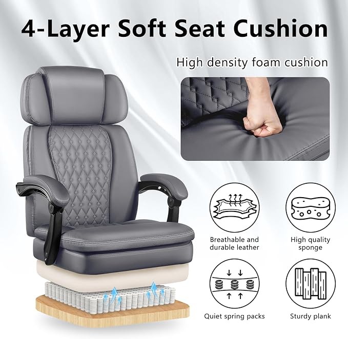 Office Chair with Foot Rest 400lbs, Heavy Duty Executive Leather Office Chair for Heavy People,Big and Tall High Back Ergonomic Comfy Office Desk Chair with Lumbar Support,Grey