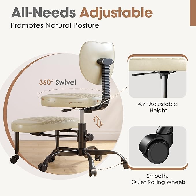 Cross Legged Office Chair, 360° Swivel ADHD Chairs for Adults, Height Adjustable Ergonomic Cross Legged Office Chair with Wheels, Wide Cross Legged Chair for Meditation, Yoga (Beige)