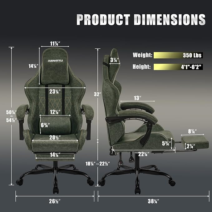 Gaming Chair Big and Tall, Green Leather Video Game Chairs with Footrest, Padded Linkage Armrests & Large Headrest, Ergonomic Computer Chair 350lbs for Adults Gaming or Office Use
