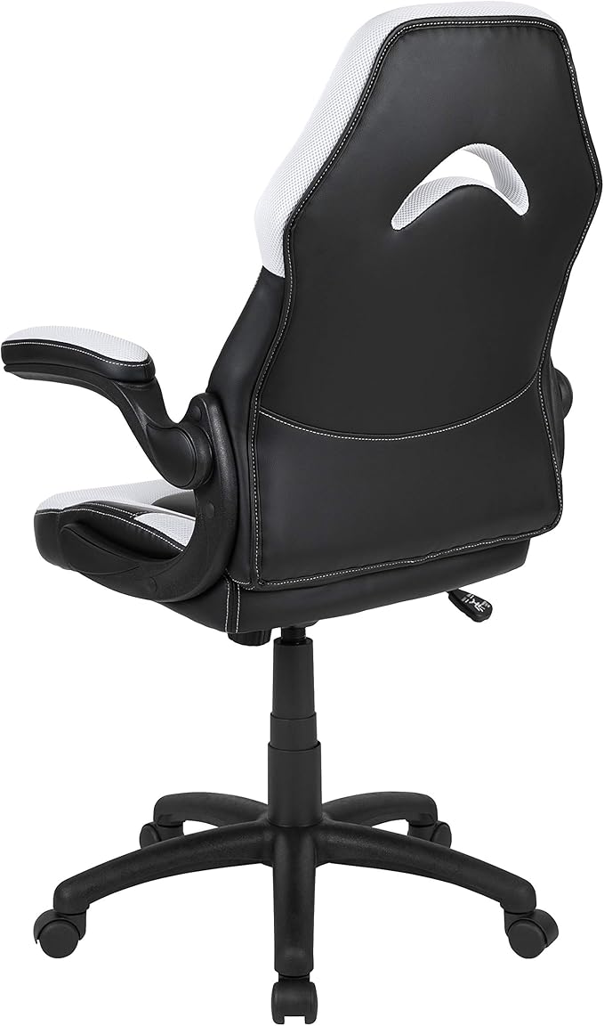 Flash Furniture X10 High-Back LeatherSoft Racing Style Gaming Chair with Flip-Up Arms, Ergonomic Padded Swivel Computer Chair, White/Black