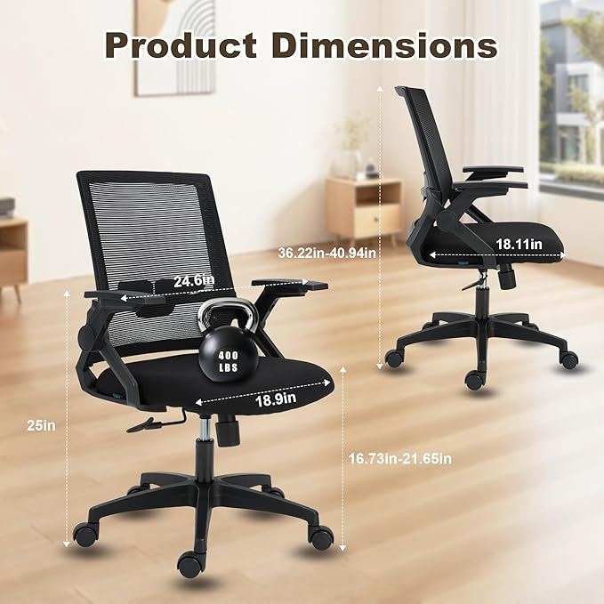 Ergonomic Office Chair, 400lbs Desk Chair with Flip-Up Arms and Lumbar Support, Rolling Work Swivel Chair with Breathable Mesh, High Back Office Computer Chair for Long Hours (Black)