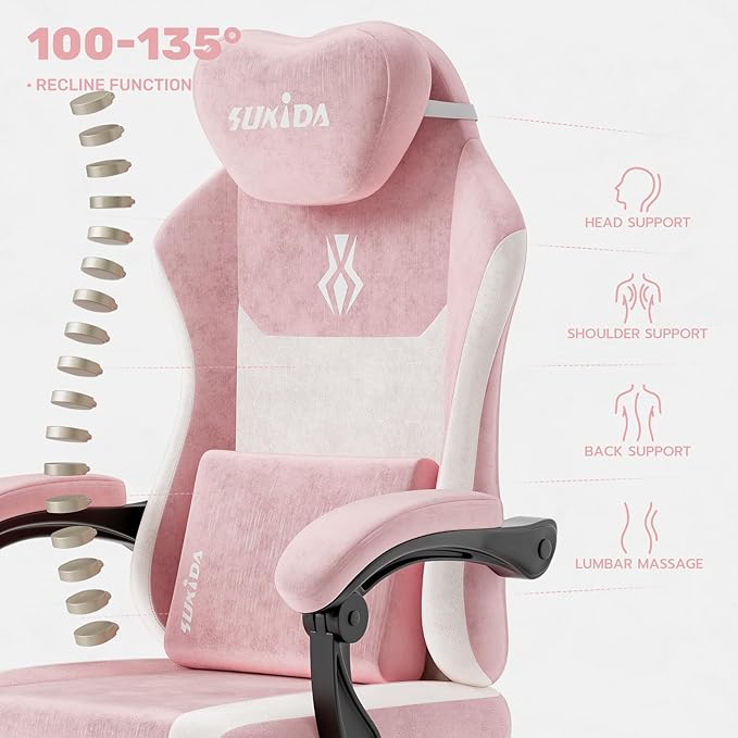 SUKIDA Fabric Video Gaming Chair, Ergonomic High-Back Computer Game Chairs with Large Massage Adjustable Lumbar Support, Headrest and Linked Armrests for Long Hours Sitting Task Chair, Pink