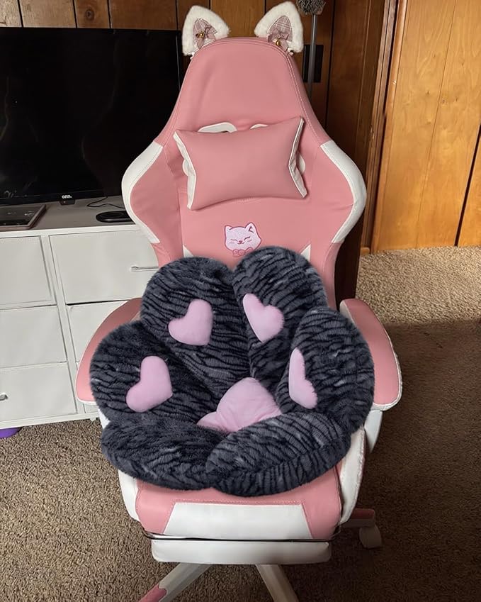 MOONBEEKI Cat Paw Cushion Chair Comfy Kawaii Plush Seat Cushions Shape Lazy Pillow for Gamer Chair 28"x 24" Cozy Floor Cute Seat Kawaii for Girl Worker Gift, Dining Room Bedroom Decorate （Black Silve）