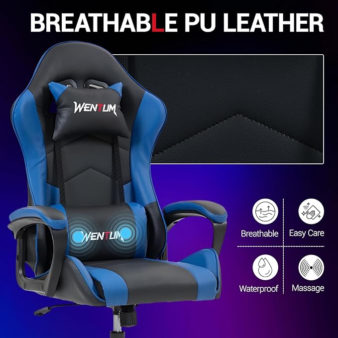 Gaming Chair PU Leather Massage PC Video Game Chair with Lumbar Support for Men Women, Home Office, Height Adjustable, Ergonomic, High Back, Blue
