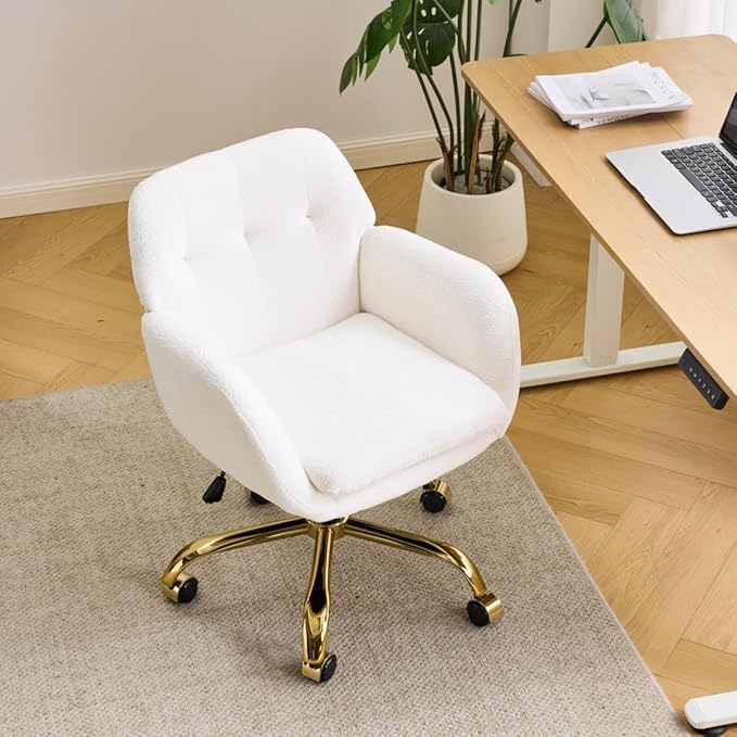 VINGLI Comfy Fuzzy Vanity Chair, Swivel Makeup Chair with Wheels, Upholstered Height Adjustable Armchair with Gold Base, Modern Ergonomic Desk Chair for Bedroom, Home Office, Pure White