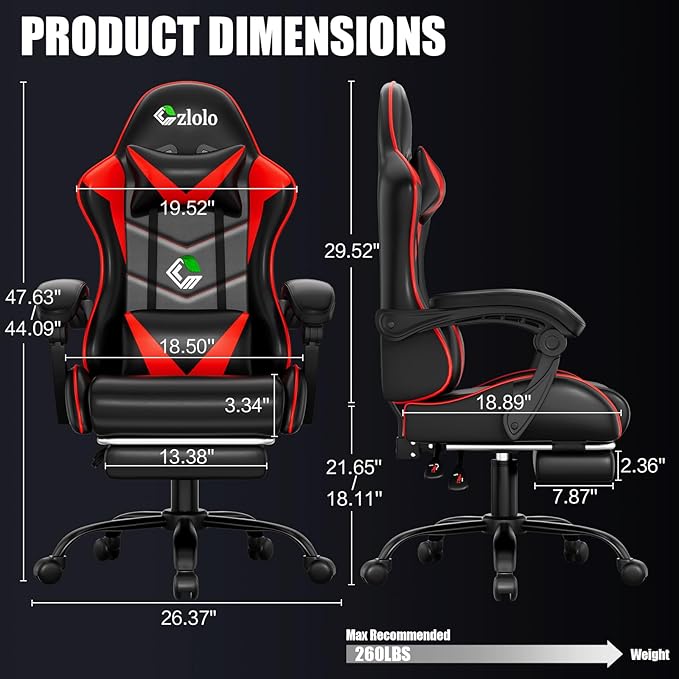 Czlolo Gaming Chair with Footrest Racing Style Lumbar Support Massager Video Game Chair with Metal Legs, High Back Reclining Gamer Chair with Headrest, 360° Swivel Office Computer Desk Chair (Red)