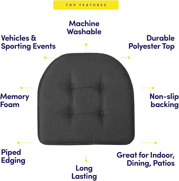 Sweet Home Collection Chair Cushion Memory Foam Pads Tufted Slip Non Skid Rubber Back U-Shaped 17" x 16" Seat Cover, 12 Count (Pack of 1), Charcoal Gray