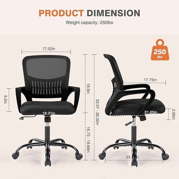 Sweetcrispy Home Office Managerial Executive Chair, Ergonomic Mesh Adjustable Swivel Mid-Back Computer Desk Chair with Comfortable Lumbar Support, Comfy Arms for Bedroom,Study