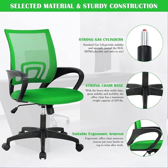 Office Chair, Desk Chair with Lumbar Support Arms, Adjustable Computer Chair with Breathable Mesh Backrest, Home Office Desk Chairs for Student, Adults, Study, Dorm, Comfortable Office Chair(Green)
