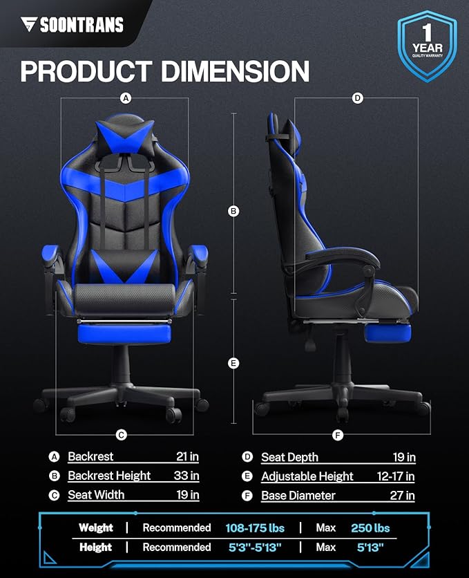 Soontrans Gaming Chair with Footrest,Computer Office Chair, Ergonomic Gamer Chair with Height Adjustment,Headrest and Lumbar Support Gamer Chair(Storm Blue)