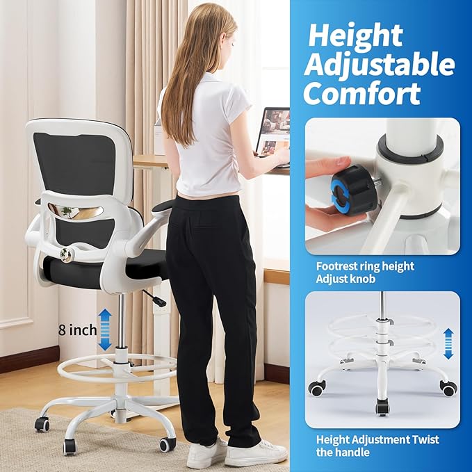 TRALT Drafting Chair - Tall Office Chair with Adjustable Footrest Ring and Lumbar Support Ergonomic Tall Desk Chair - Mesh Stangding Desk Chair with Flip-Up Armrests for Home and Work (Black White)