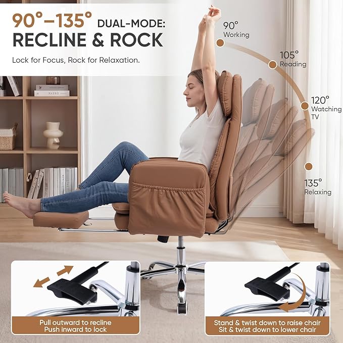 Big and Tall Office Chair with Flip Armrests, Cross Legged Office Chair with Storage Pockets, Comfortable Reclining Computer Chair with Foot Rest, Wide Home Office Desk Chair, Leather Brown