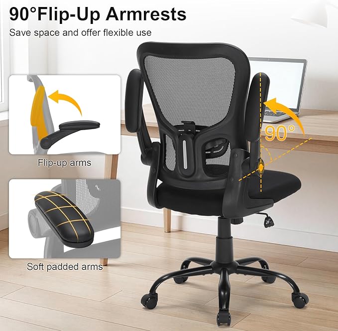 Ergonomic Mesh Office Chair, Adjustable Lumbar Support, Flip-Up Arms, Rolling Swivel Computer Chair with Breathable Backrest for Home & Office, Black
