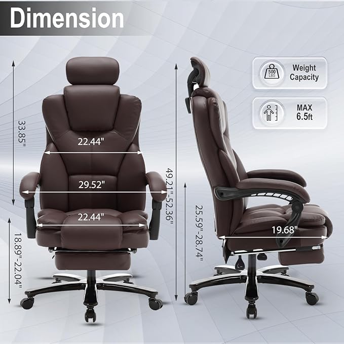 400lbs Reclining Office Chair with Footrest, PU Leather Big and Tall Heavy Duty Ergonomic Gaming Chair with Leg Rest, Brown