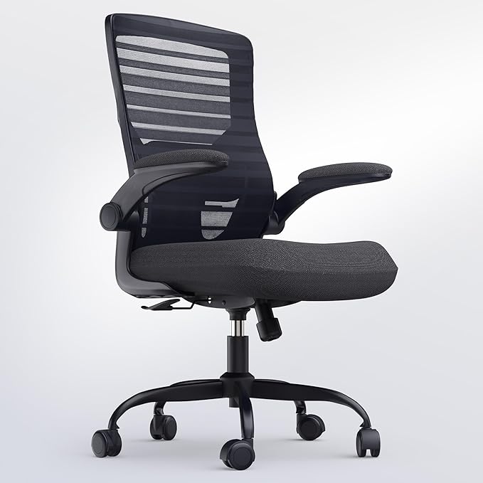 Office Desk Chair for Long Hours & Lower Back Pain Relief – 4“ Thick Molded Foam Cushion, Enhanced Lumbar Support, Padded Flip-up Armrests, Ideal for Office or Study, Black