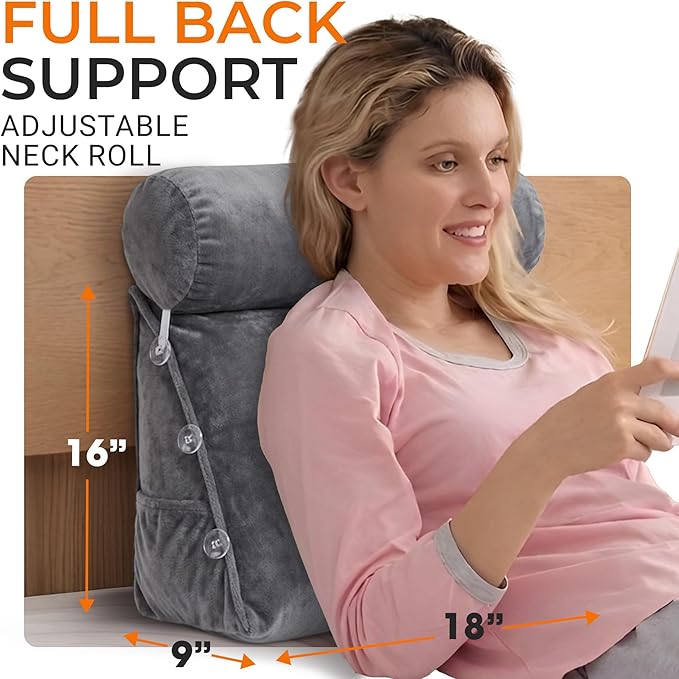 Cheer Collection Reading Wedge Pillow - Adjustable Wedge Reading Pillow with Neck Support, Hollow Fiber-Filled Backrest Pillow for Reading, Gaming, and TV Watching, Gray