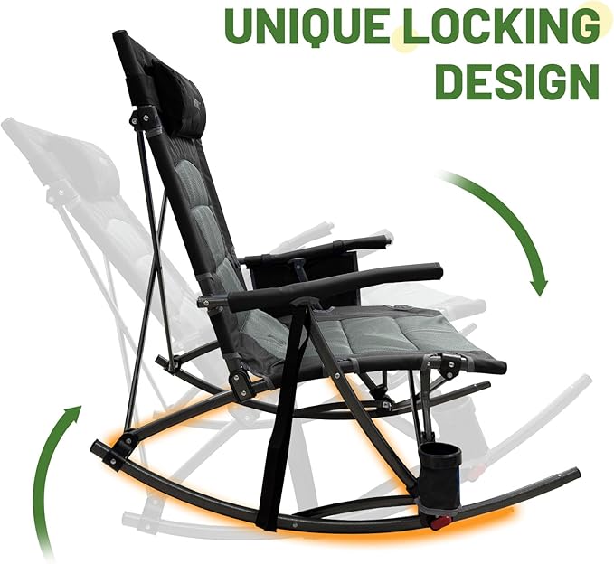 13.8" High Seat Rocking Camping Chair Outdoor with Foot Rest & Headrest, Oversized Folding Rocker Chair with Carry Bag for Lawn Patio Supports 300 lbs