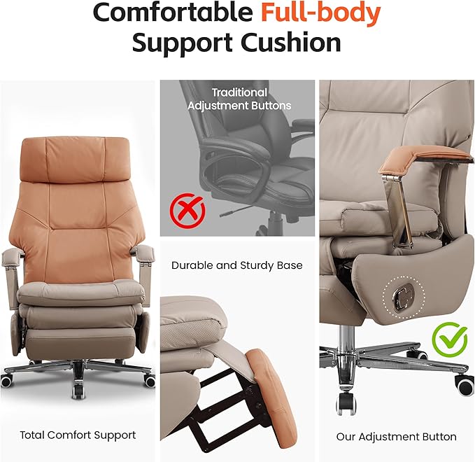 Big and Tall Executive Office Chairs with Footrest, Ergonomic 360° Swivel Desk Chair High Back Recliner, Manual 150° Reclining Computer Gaming Chair with Wheels for Home Office Faux Leather, Khaki