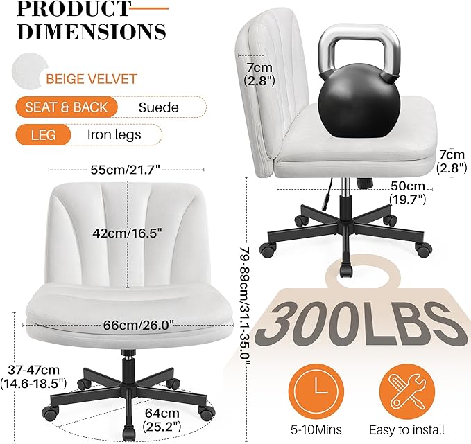FelixKing Criss Cross Chair with Wheels, Cross Legged Office Chair, Armless Wide Vanity Desk Chair with Comfty Velvet & Back - Swivel Height Ajustable for Home Office Bedroom, Pearl White Velvet