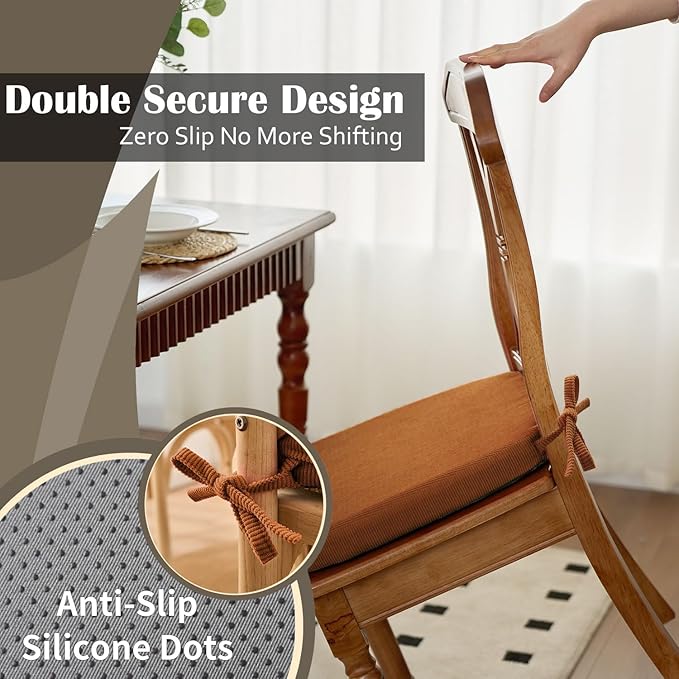 2'' Thick High-Density Foam Indoor Chair Cushions | Dining Chair Pads with Ties, Removable Washable Cover, Kitchen Chair Cushions 17"x16", Orange Brown 4 Pack