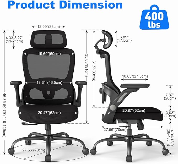 Ergonomic Office Chair, Home Computer Chair with 3D Adjustable Headrest and 4D Flip-Up Armrests, Adjustable Lumbar Support, Suitable for Office and Study, Black