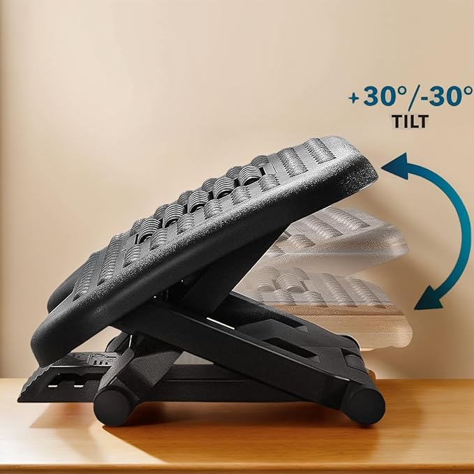 Adjustable Footrest with Massage Texture and Roller, Foot Rest for Under Desk at Work, 3 Height Adjustment Ergonomic Foot Stool and 30 Degree Tilt Angle for Office & Home, Black