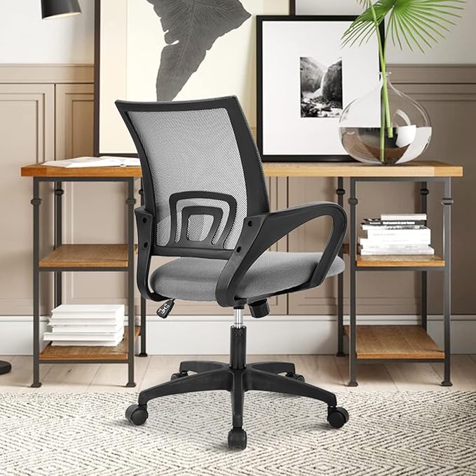 MKDLUFEI Modern Grey Mesh Office Chair with Lumbar Support Arms, Adjustable Height, Breathable Mesh Backrest, Comfortable Home Office Desk Chair for Adults