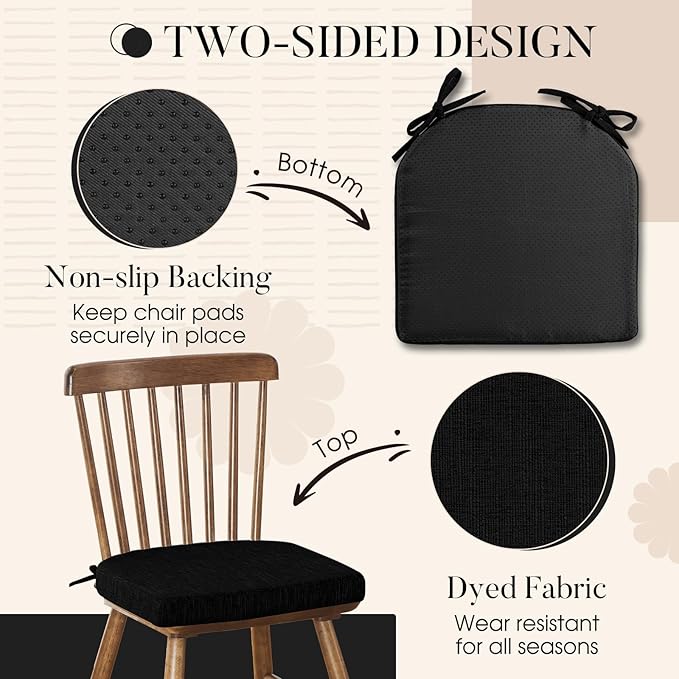Basic Beyond Chair Cushions for Dining Chairs 6 Pack, Kitchen Chair Cushions with Ties and Non Slip Backing, 16 x 16 inches Chair Pads for Dining Chairs (Black)