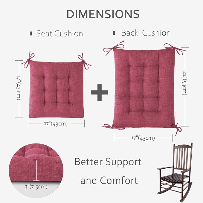 ELFJOY Rocking Chair Cushion Large Rocking Chair Pads with Ties Premium Linen High Back and Seat Cushion 2 Piece Set (Linen Rose Red)