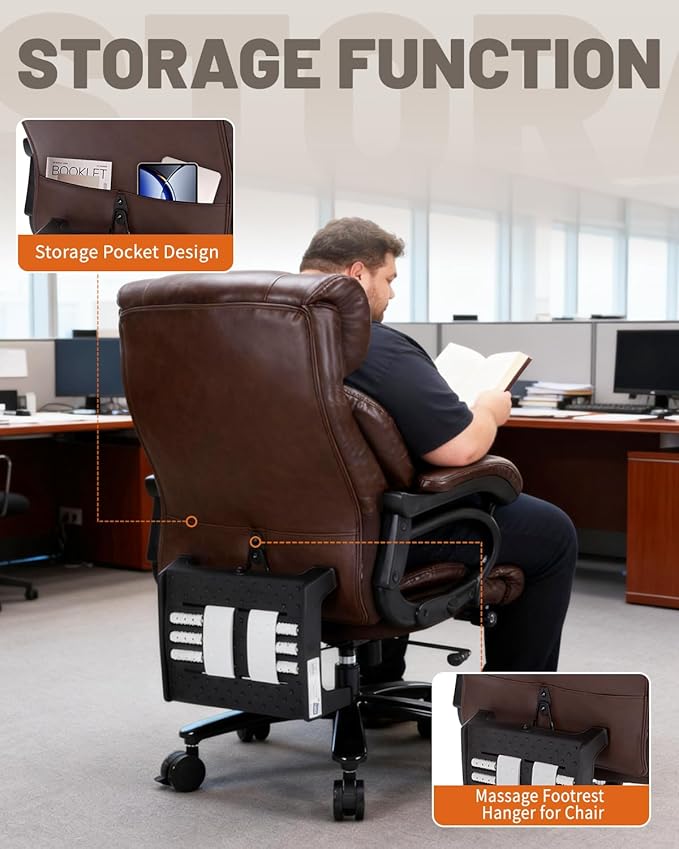 800LBS Heavy Duty Office Chair & Massage Footrest Big & Tall Executive Chair with Adjustable Lumbar Support, PU Leather, Extra Wide Seat for Comfort