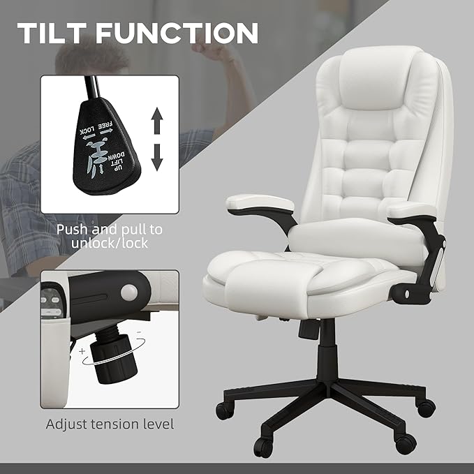 HOMCOM High Back Vibration Massage Office Chair with 6 Vibration Points, Heated Reclining PU Leather Computer Chair with Armrest and Remote, White